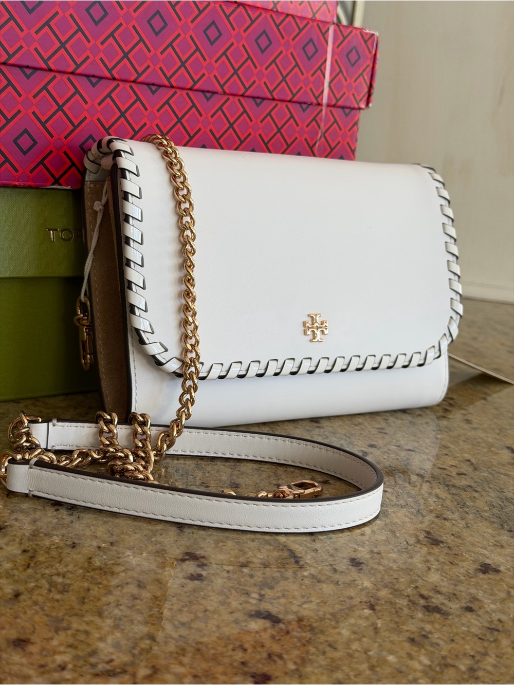 Tory Burch White Leather Crossbody with Gold Chain and Whipstitch Trim